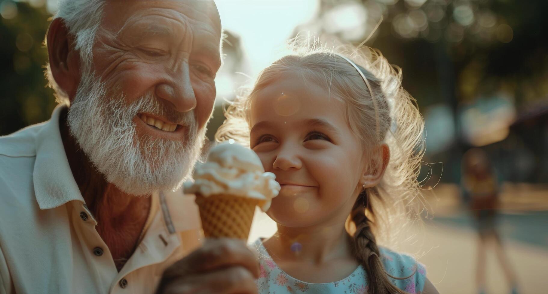 ai gerado Mais velho homem e jovem menina comendo gelo creme foto