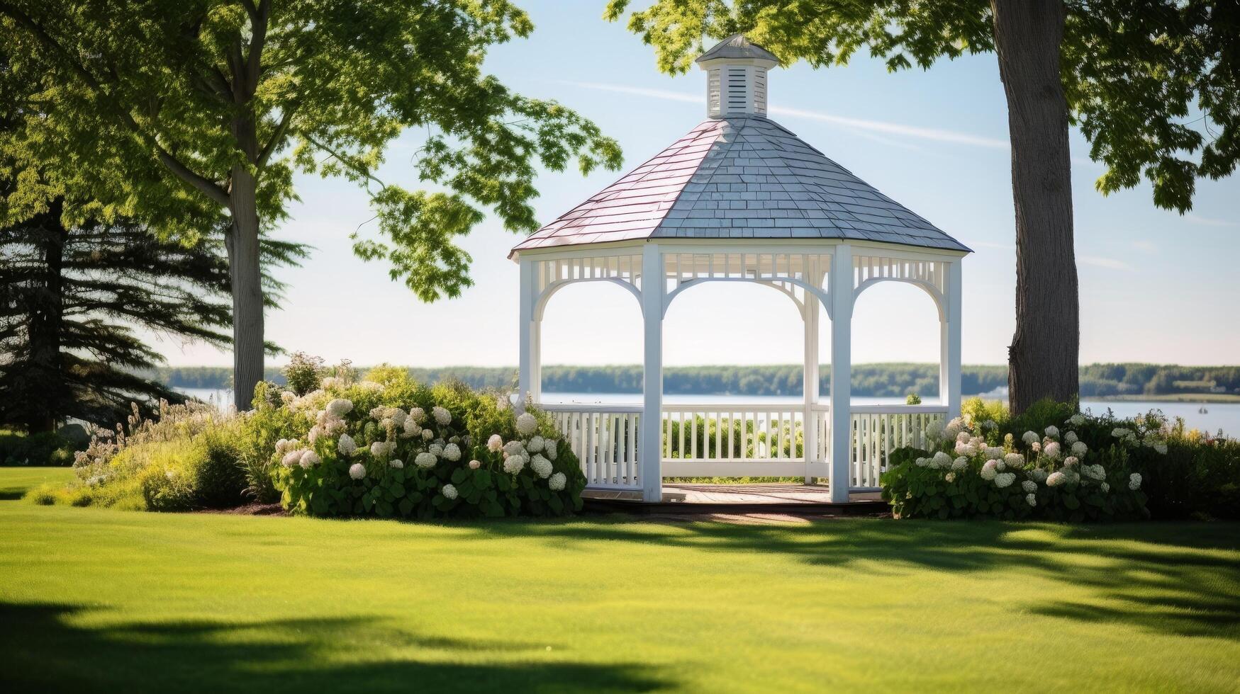 ai gerado gazebo dentro uma bem manteve Fazenda ambiente, puro e branco foto