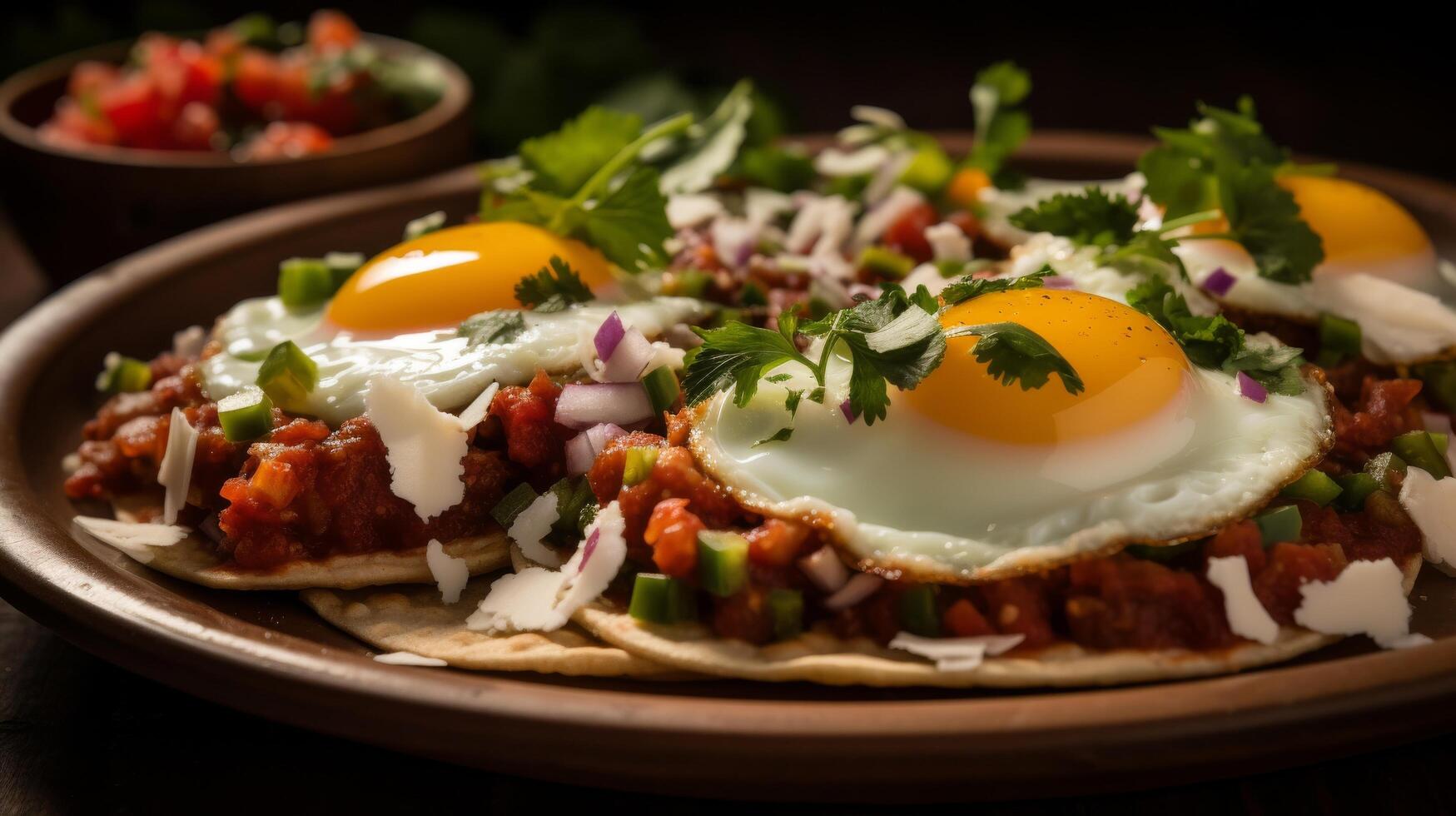ai gerado mexicano café da manhã apresentando delicioso huevos rancheros foto