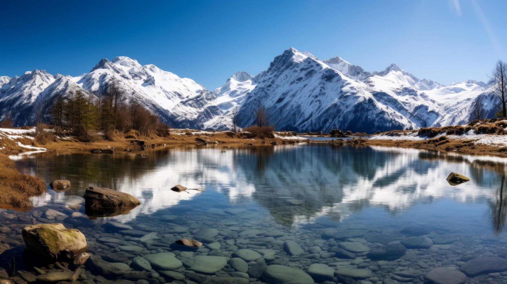 ai gerado claro como cristal lago com neve limitado montanhas dentro cênico Visão foto