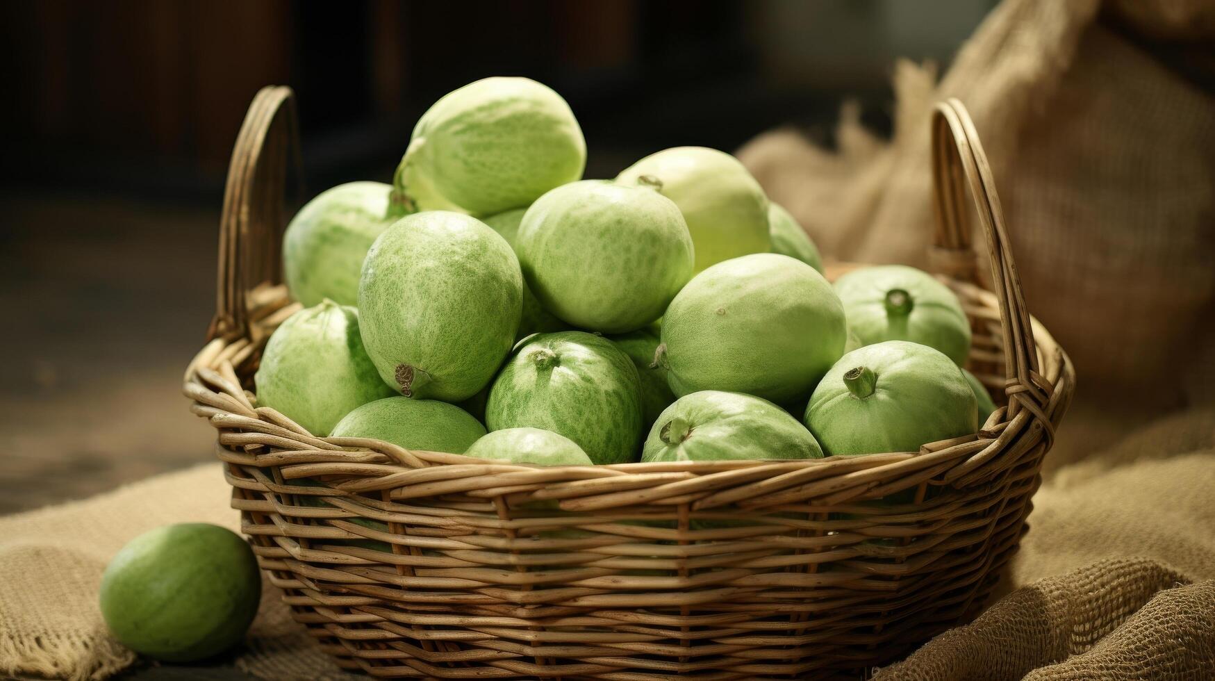 ai gerado rústico cesta preenchidas com fresco verde melada melões foto