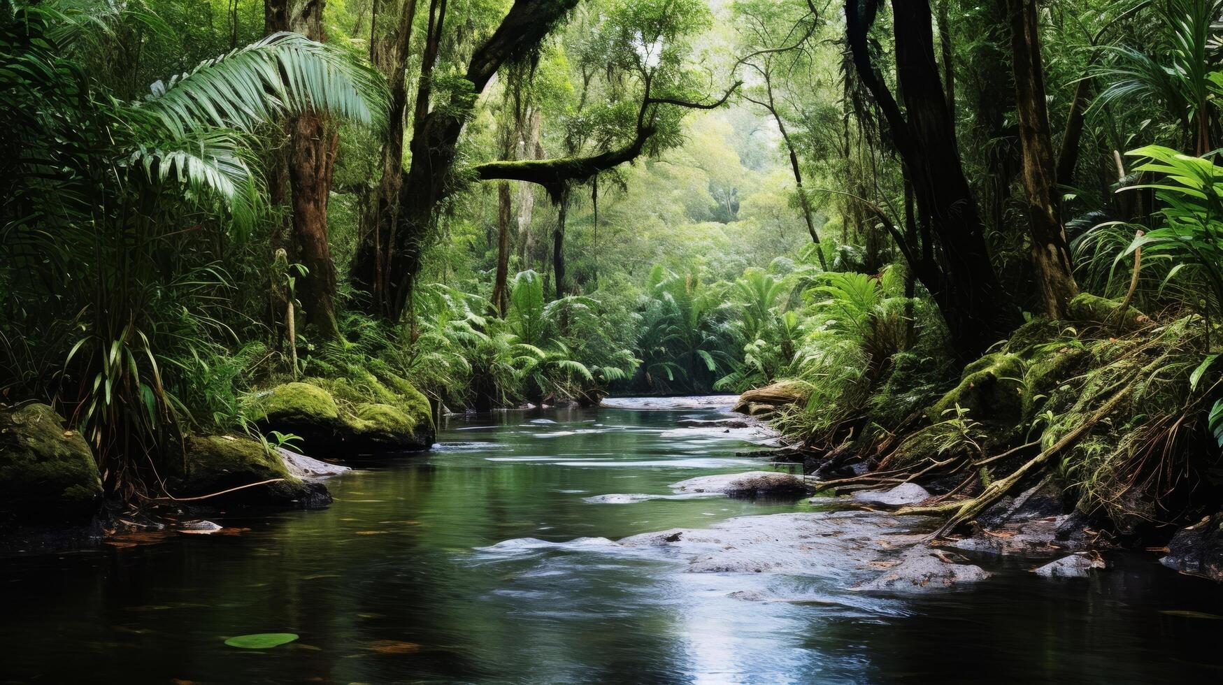 ai gerado uma verde floresta tropical com diverso plantas e flores e uma azul céu acima foto