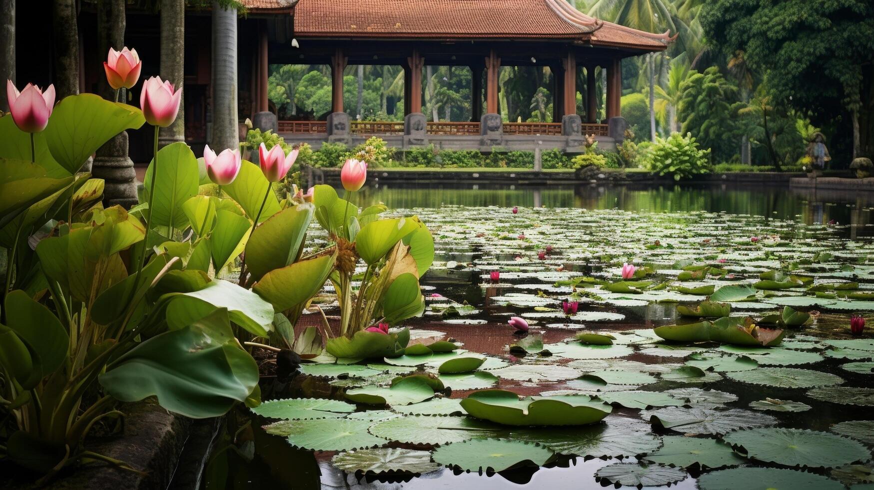 ai gerado uma calma lótus lagoa com colorida flores e verde folhagem em a água superfície foto