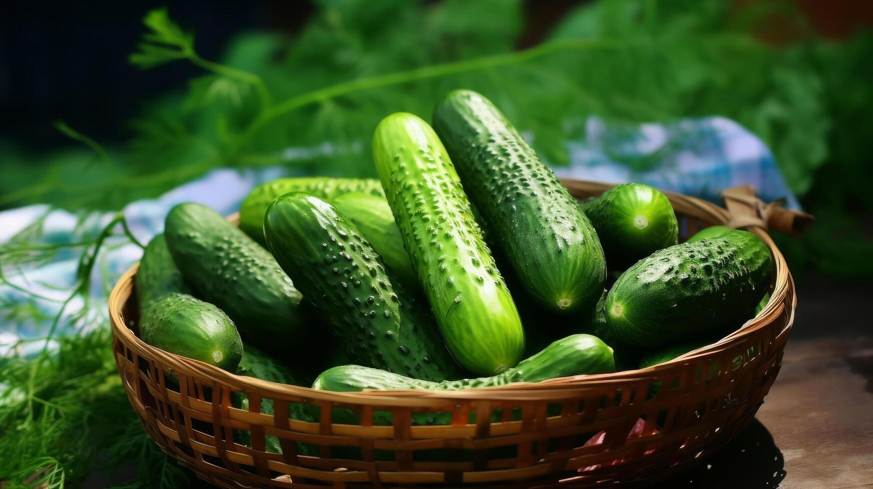 ai gerado abundante exibição do fresco verde pepinos dentro uma cesta foto