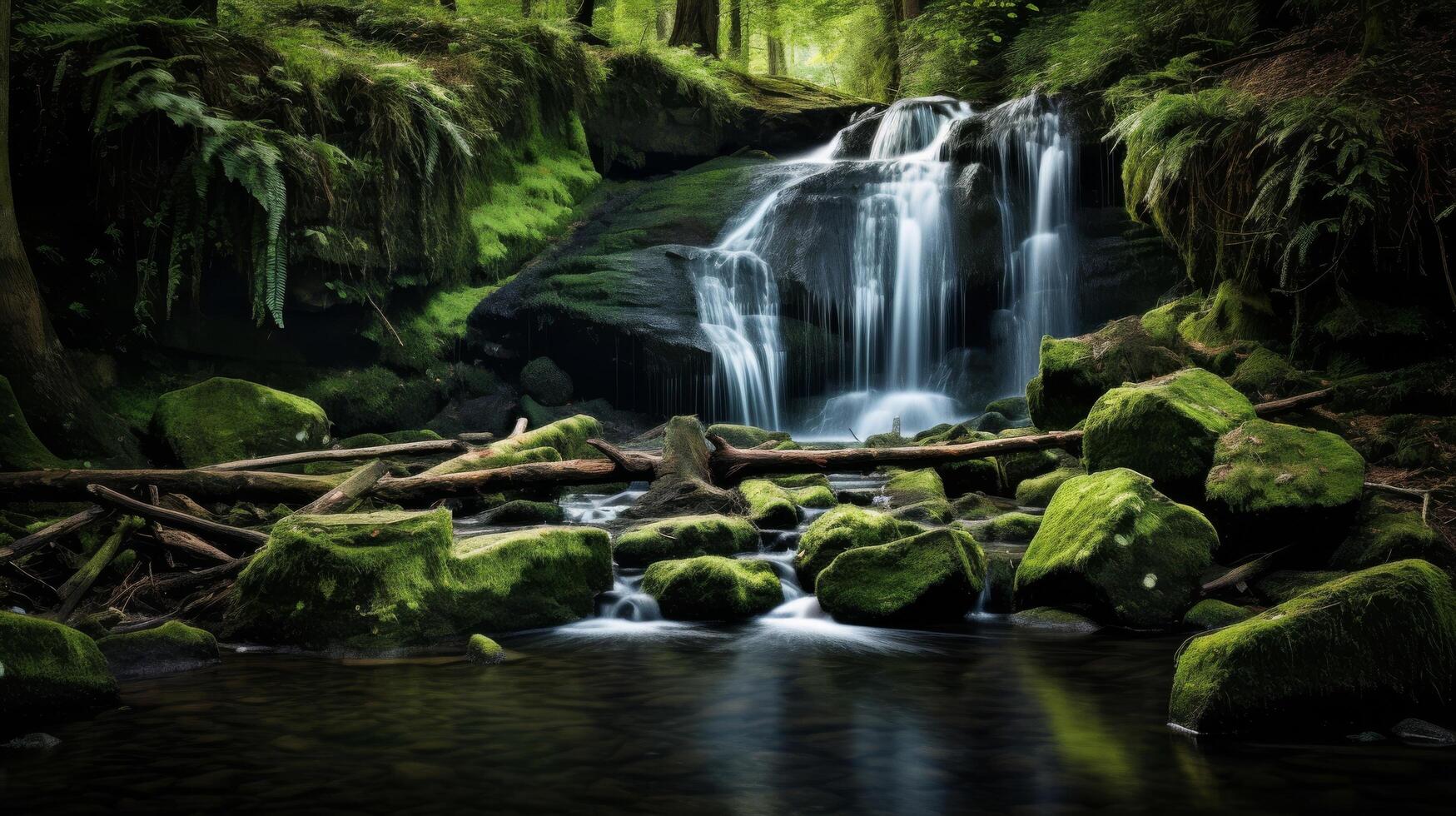 ai gerado uma tranquilo cascata dentro a coração do natureza descrição foto