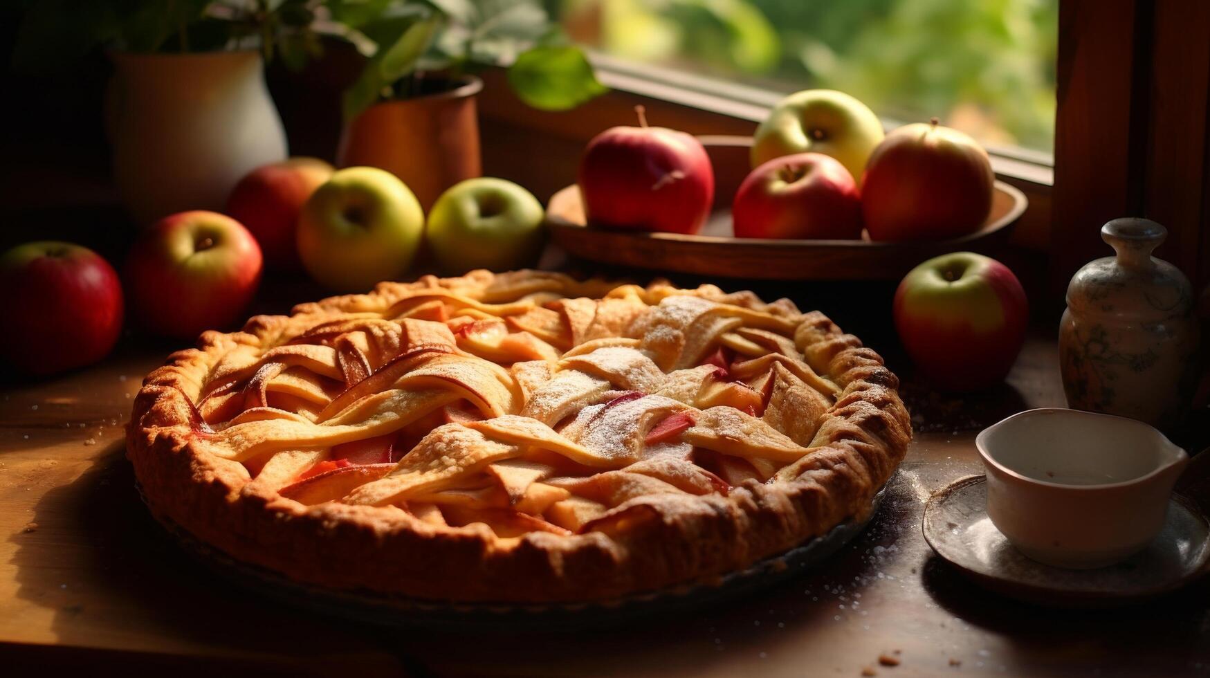 ai gerado saborear uma rústico maçã torta a ideal manhã indulgência foto