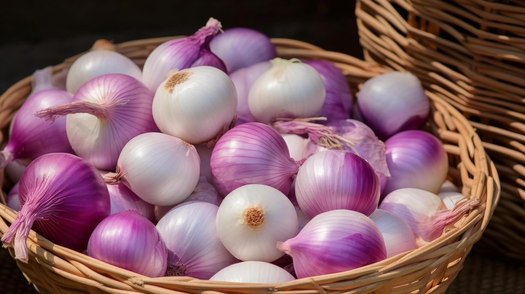 ai gerado fresco roxa e branco cebolas dentro uma vime cesta foto