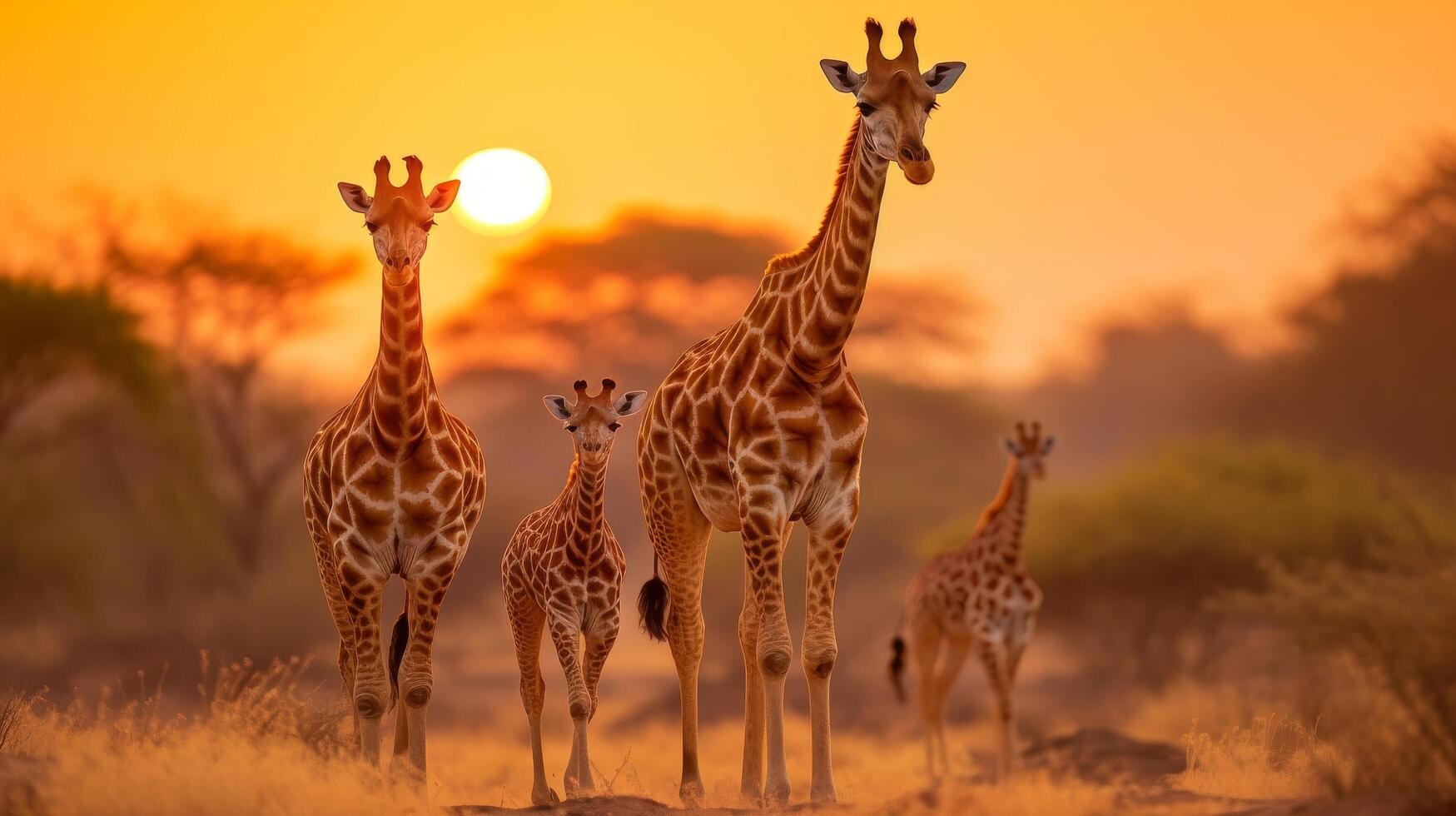 ai gerado girafa família às pôr do sol dentro natural habitat foto