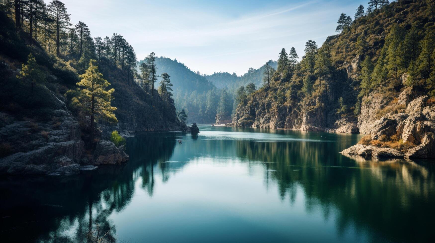 ai gerado desfiladeiro com sereno lago e natureza dentro a fundo foto