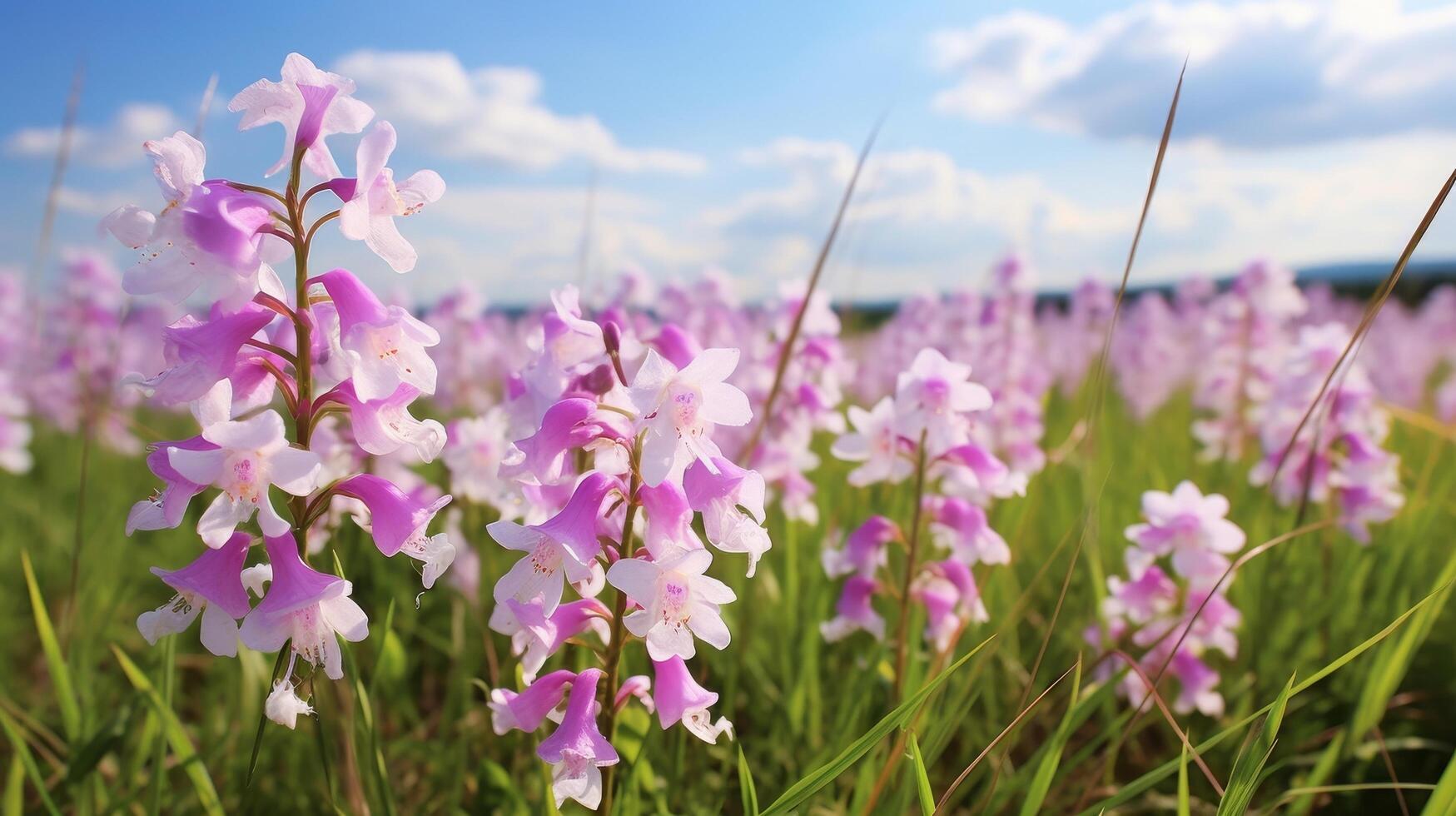 ai gerado selvagem orquídeas florescendo dentro uma cênico campo foto
