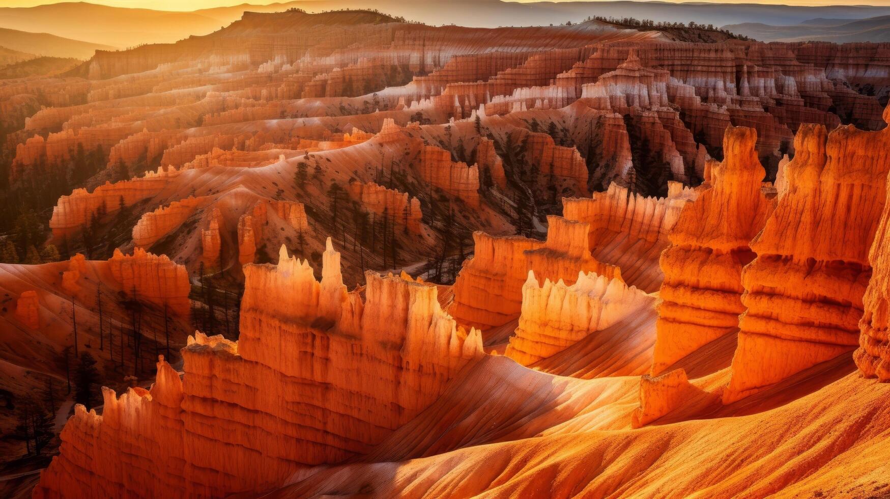 ai gerado hoodoos e anfiteatros dentro nacional parque às pôr do sol foto