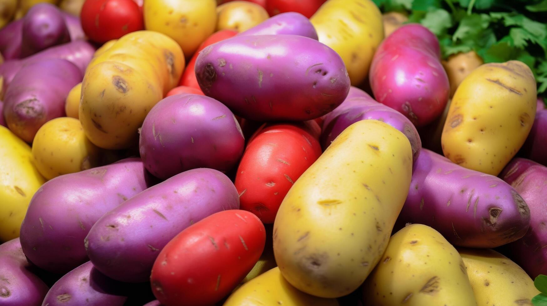 ai gerado herança batatas exibido dentro intrincado detalhe, destacando seus cores foto