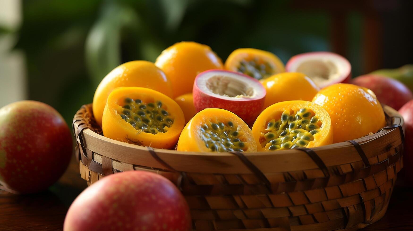 ai gerado pastel tonificado cesta com fatiado paixão frutas foto