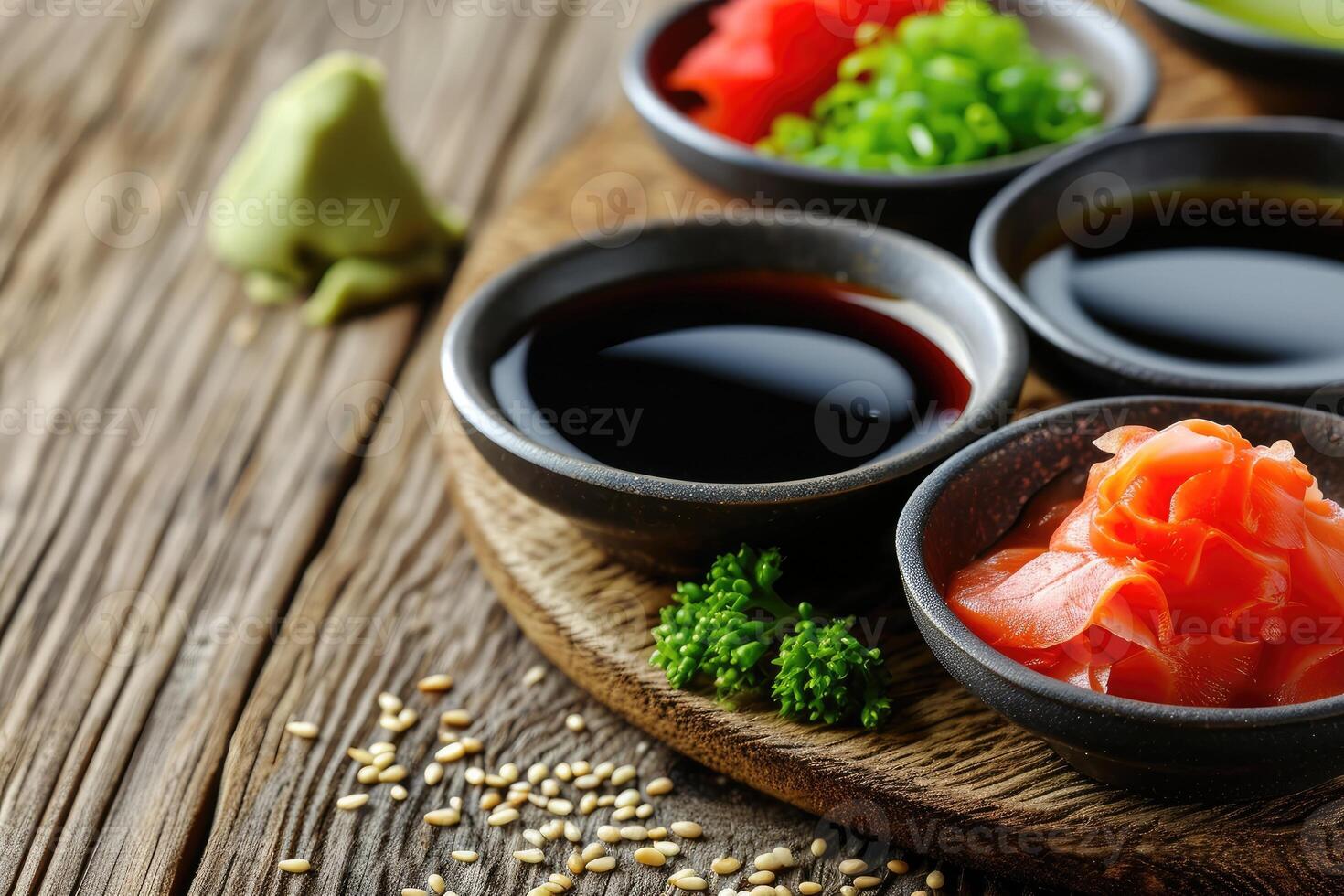 ai gerado japonês condimento para Sushi. soja molho, wasabi, em conserva ruivo, sésamo. japonês cozinha. foto