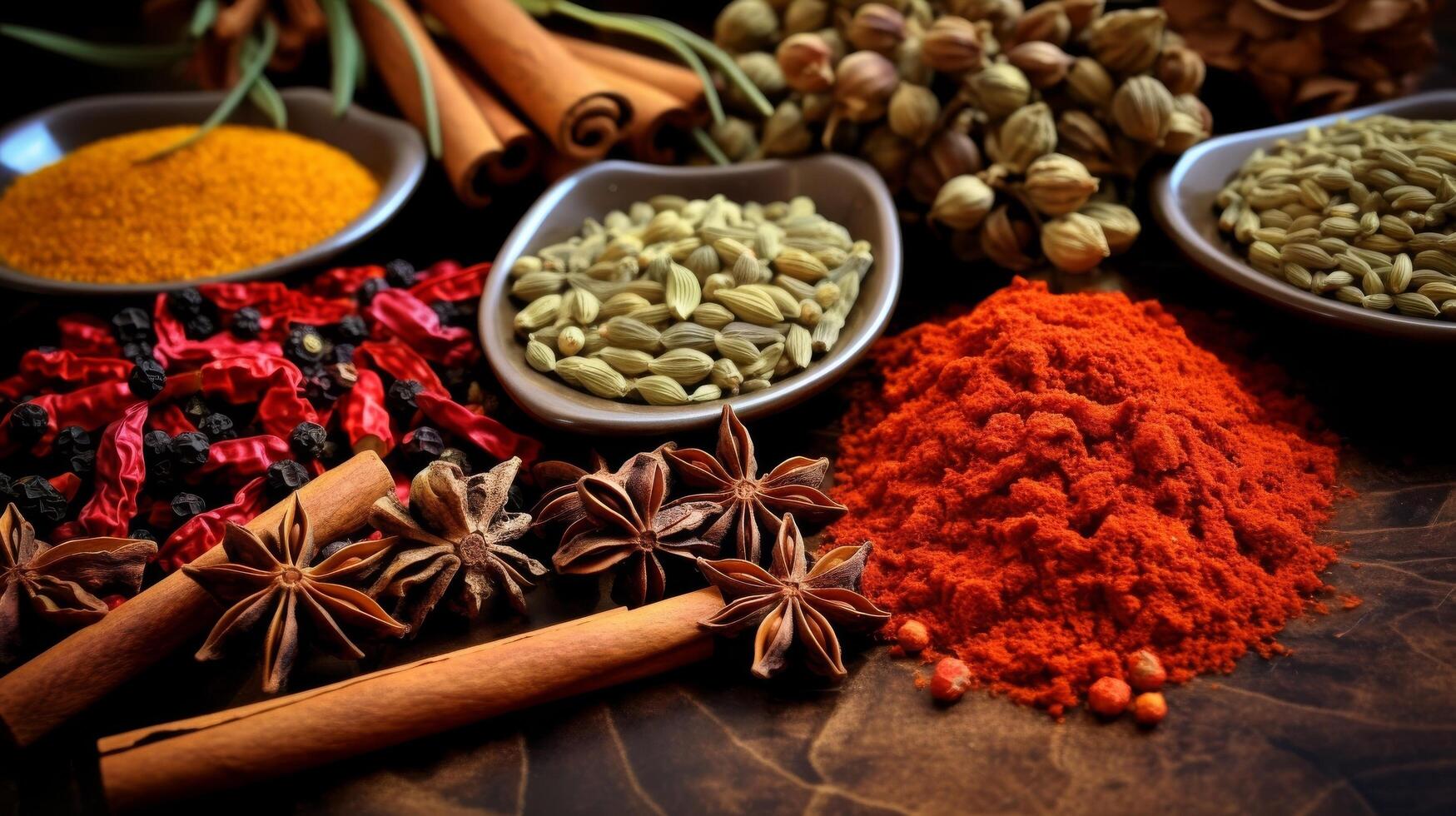 ai gerado a diversidade do especiarias dentro fechar acima, mostrando a riqueza e variedade do a sabores foto