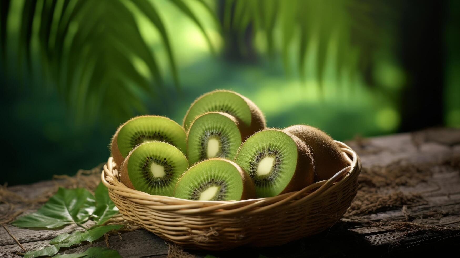 ai gerado cesta do suculento kiwi fatias, tropical ambiente foto