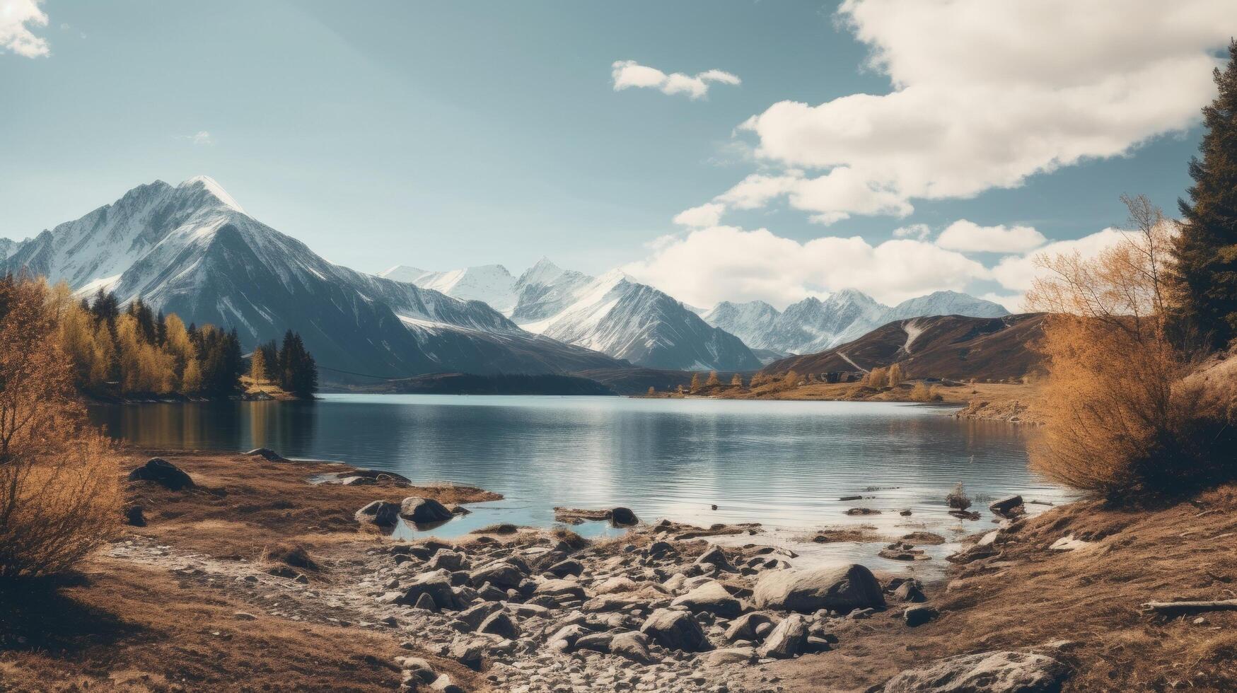 ai gerado cênico lago Visão com montanhas dentro a fundo foto