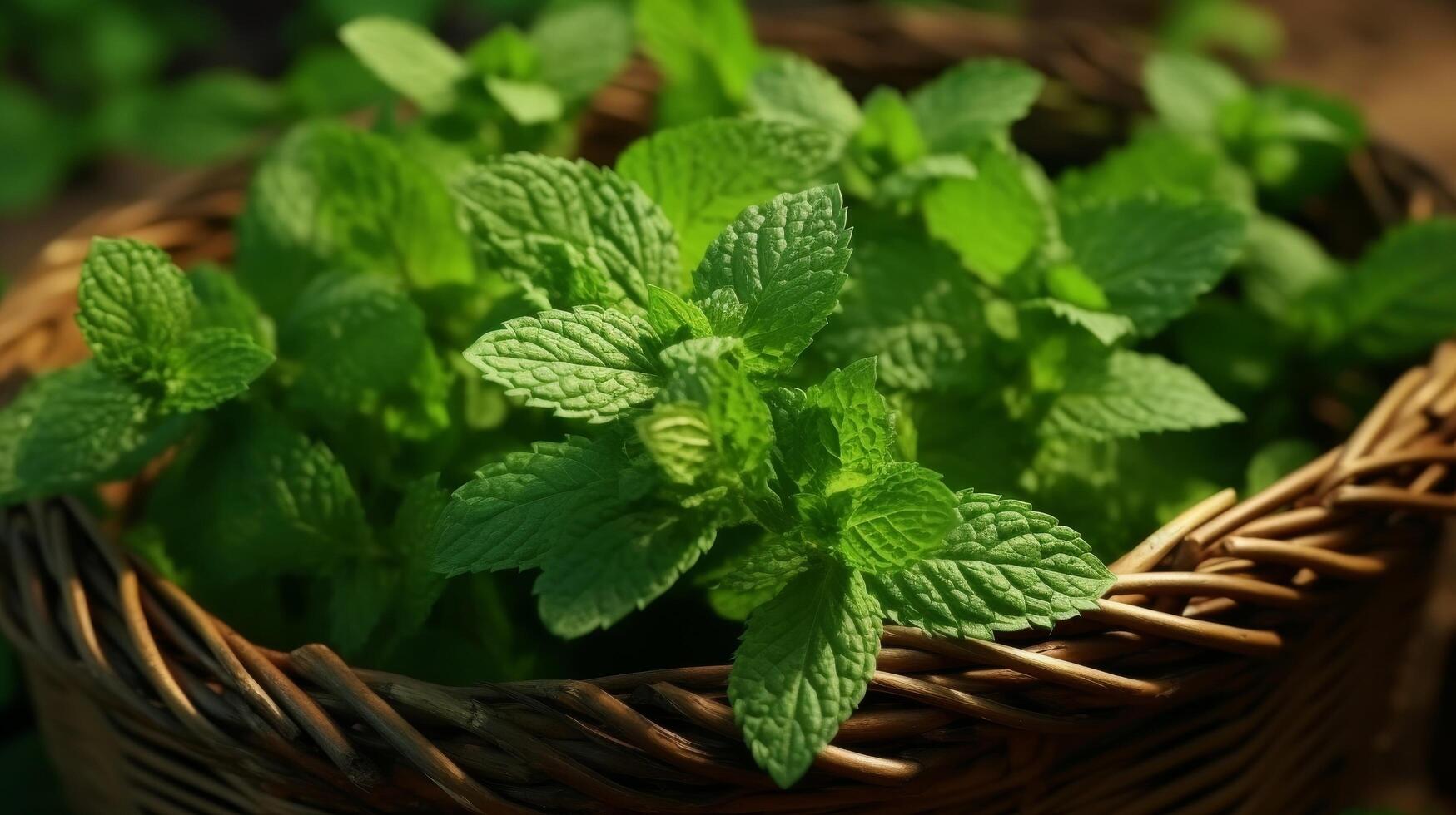 ai gerado aromático hortelã folhas ordenadamente arranjado dentro cesta foto