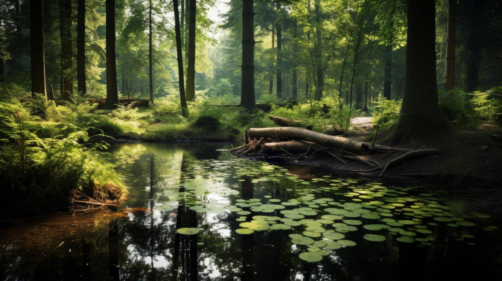 ai gerado uma calma lagoa cercado de uma floresta com uma azul céu e árvores refletido em a água foto