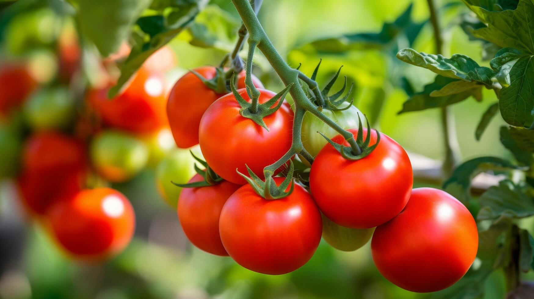 ai gerado fresco vermelho tomates em verde videira dentro jardim foto