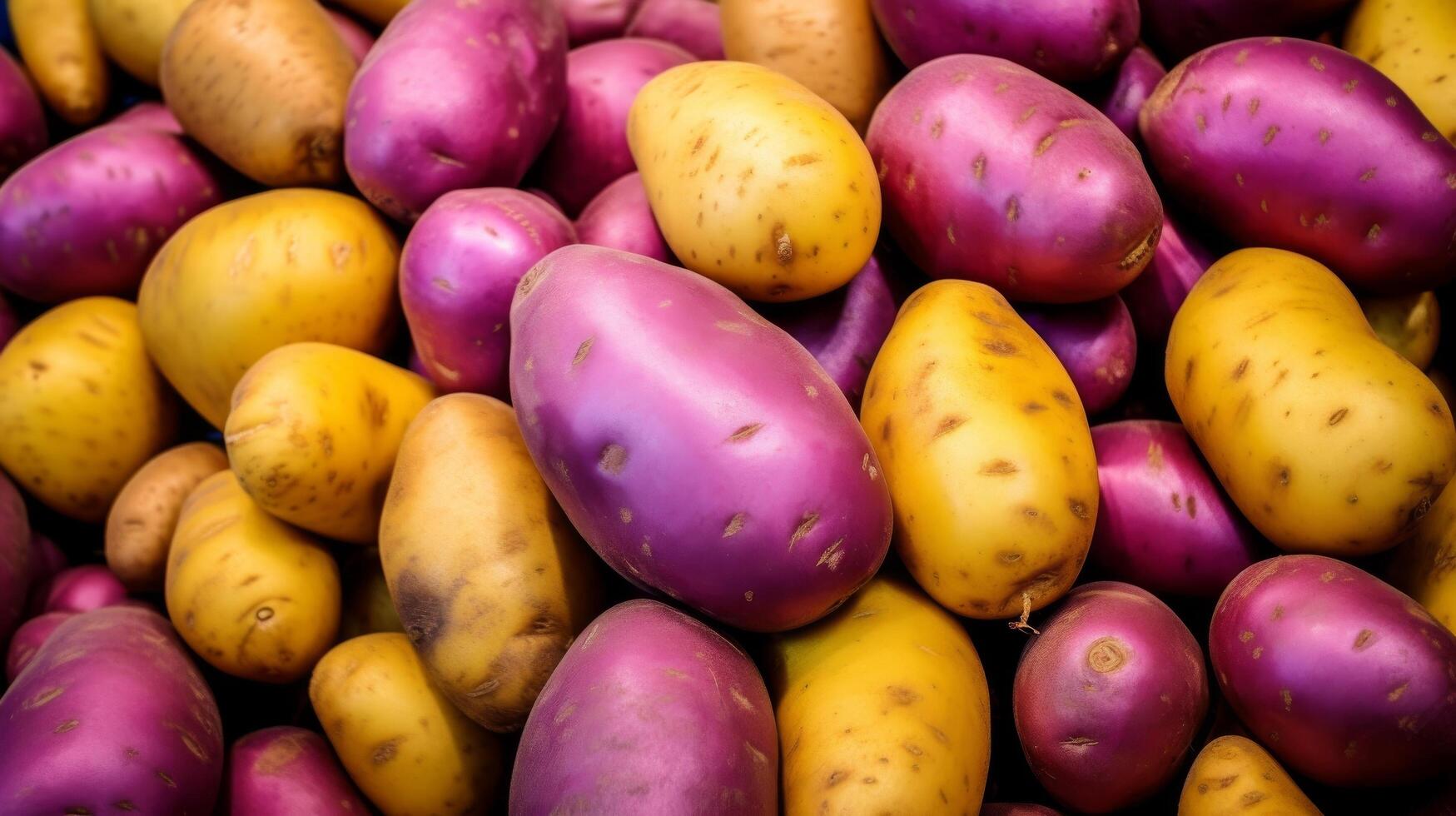 ai gerado detalhado Visão do uma colorida matriz do herança batatas dentro fechar foco foto