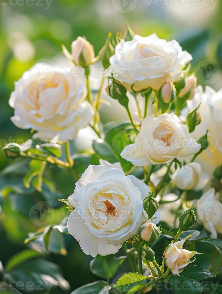 ai gerado lindo florescendo branco rosas em arbusto ao ar livre, fechar-se foto