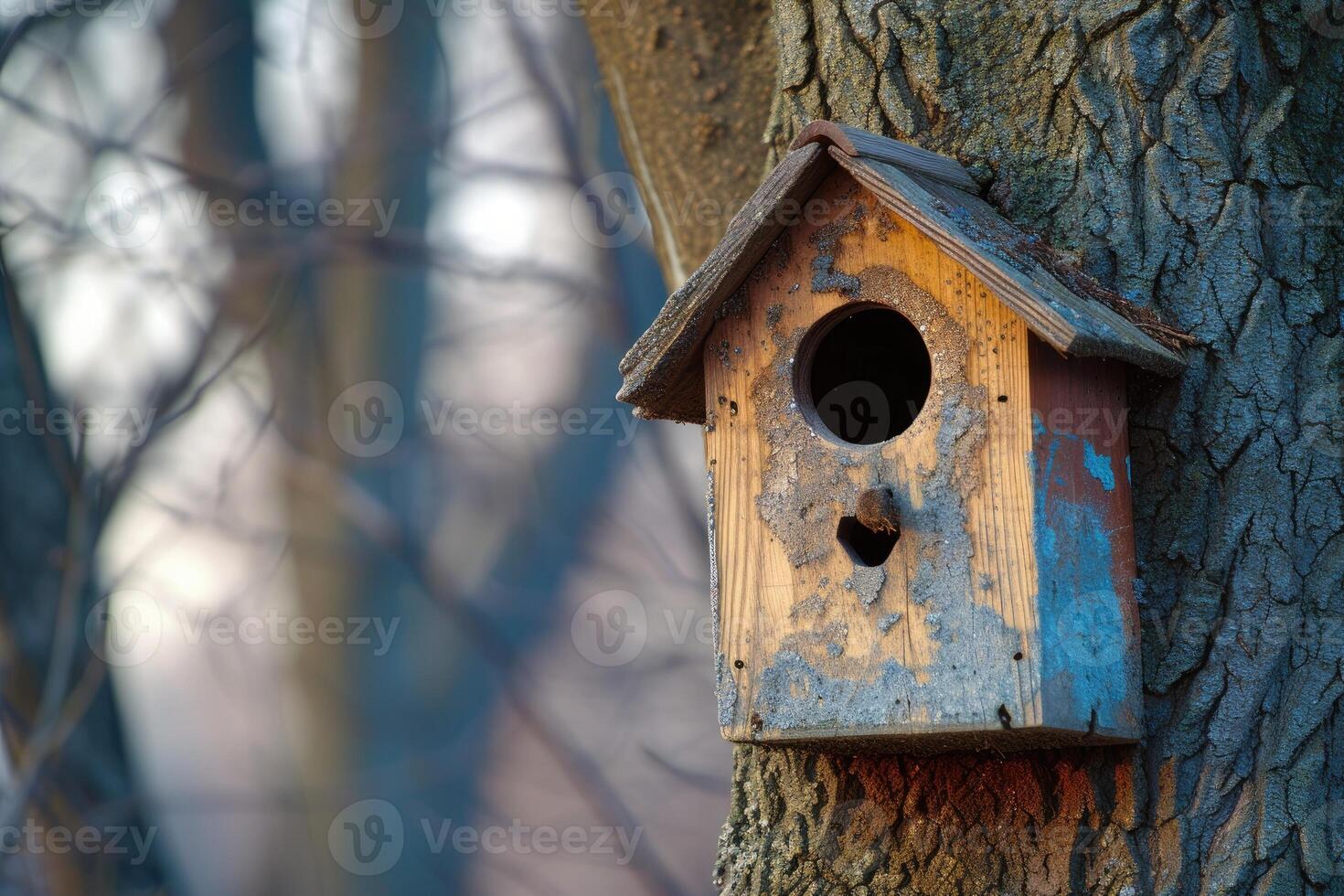 ai gerado de madeira pássaro casa em a árvore foto