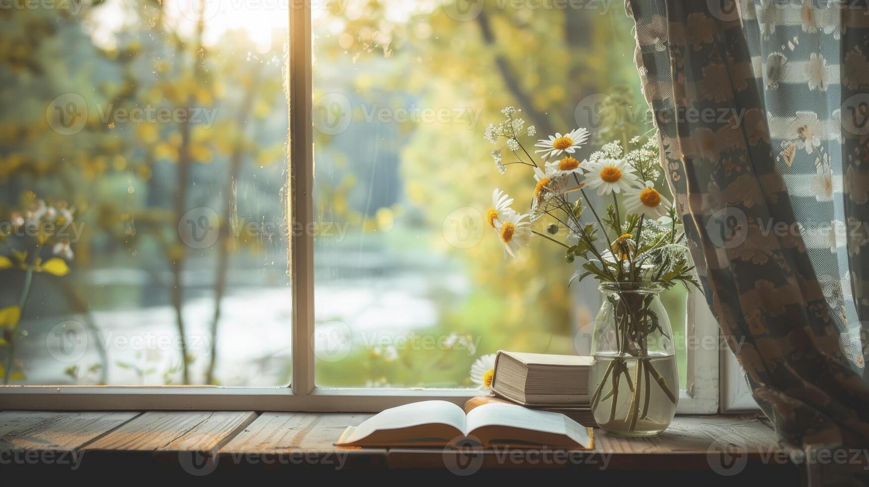 ai gerado a aberto janela do a chalé com flores e livros em isto tem vista para verde árvores fora. foto