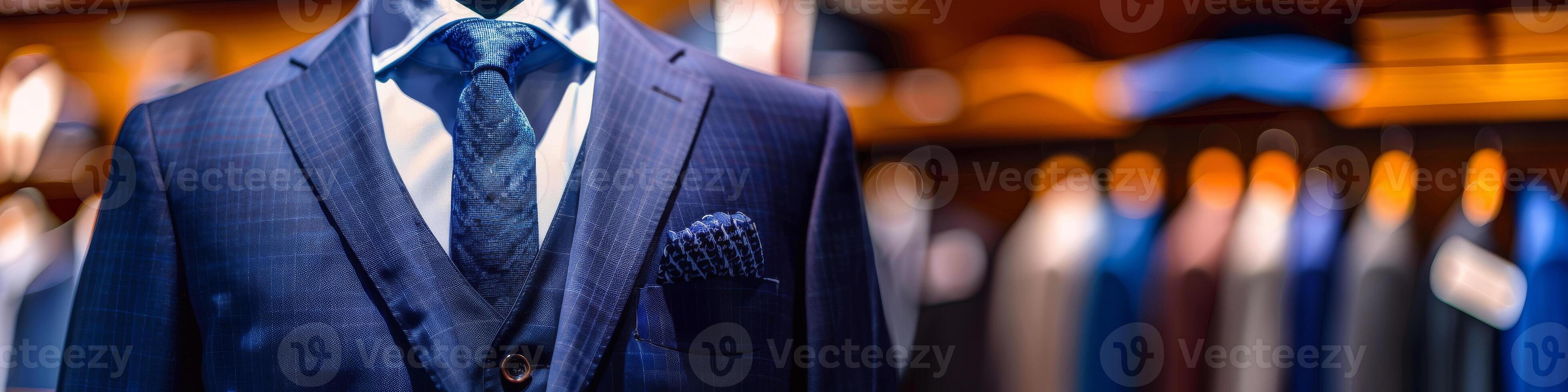 ai gerado elegante marinha azul terno com gravata e bolso quadrado exibição foto