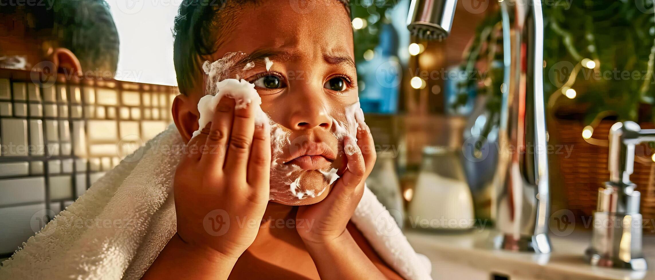 ai gerado jovem desfrutando cuidados com a pele ritual. criança com uma toalha embrulhado por aí cabeça aplica-se facial creme foto