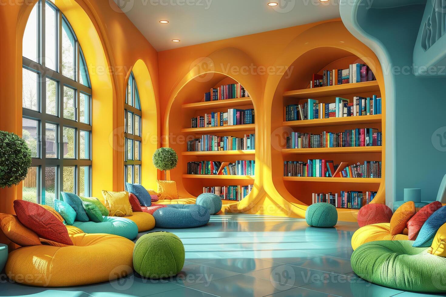 ai gerado uma brilhante e colorida quarto com uma muitos do estantes de livros e colorida almofadas foto