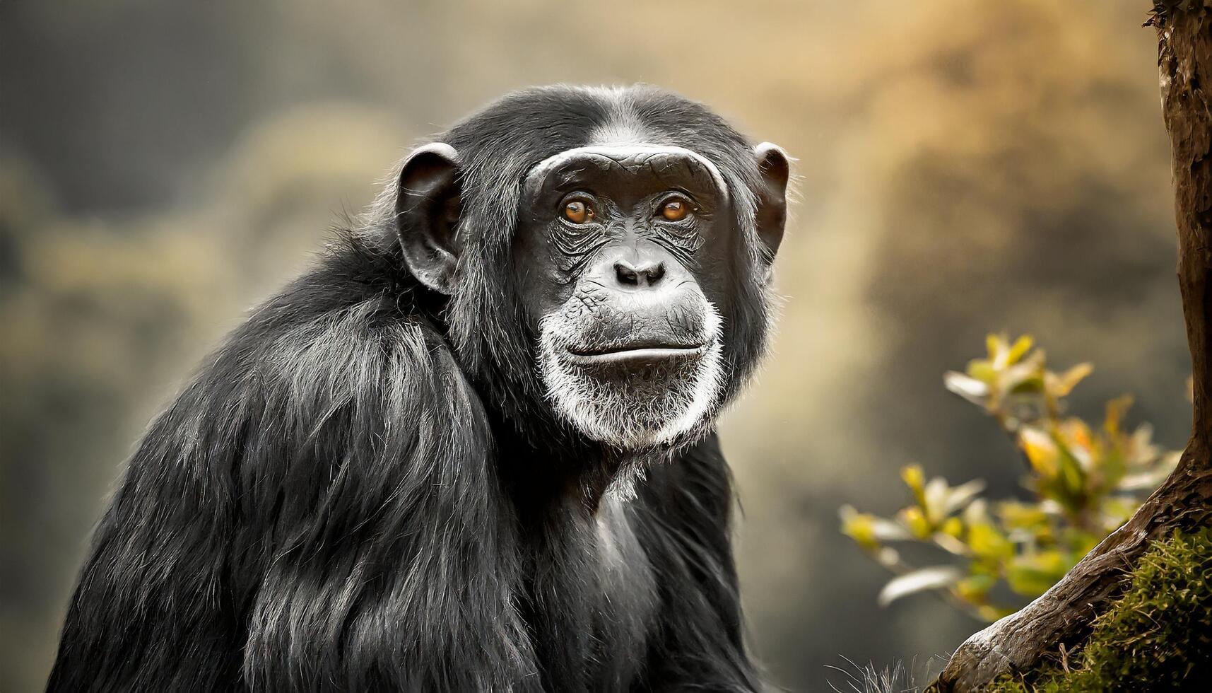 ai gerado Preto e branco chimpanzé dentro borrado natureza fundo foto