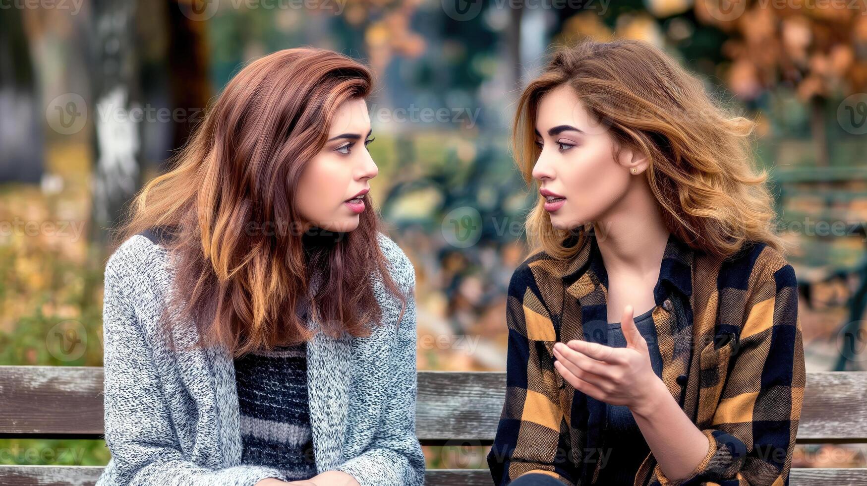 ai gerado menina falar, partilha segredos, dois mulheres melhor amigos conversando em uma parque banco, generativo ai foto