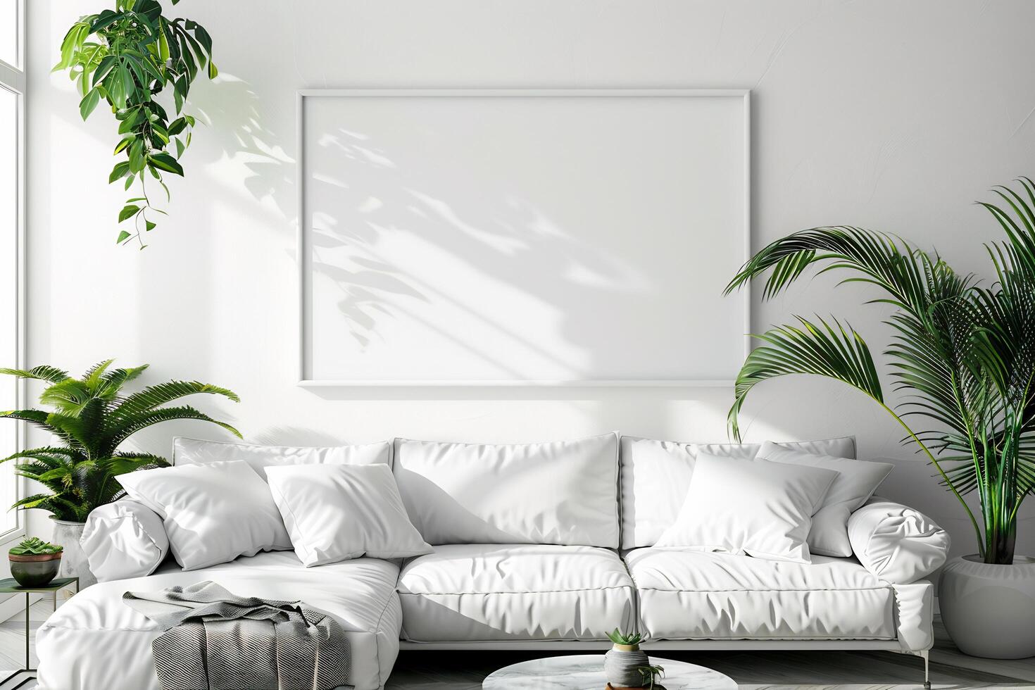 ai gerado à moda vivo quarto interior com branco sofá e em branco branco tela de pintura em a parede foto