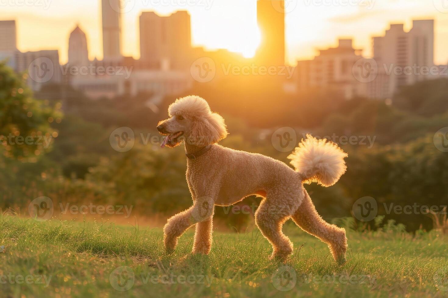 ai gerado uma majestoso padrão poodle graciosamente anda em dentro uma exuberante campo, com uma movimentado cidade Horizonte dentro a distante fundo. foto