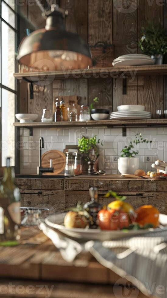 ai gerado fechar acima do uma cozinha moderno rústico estilo, madeira mobília foto