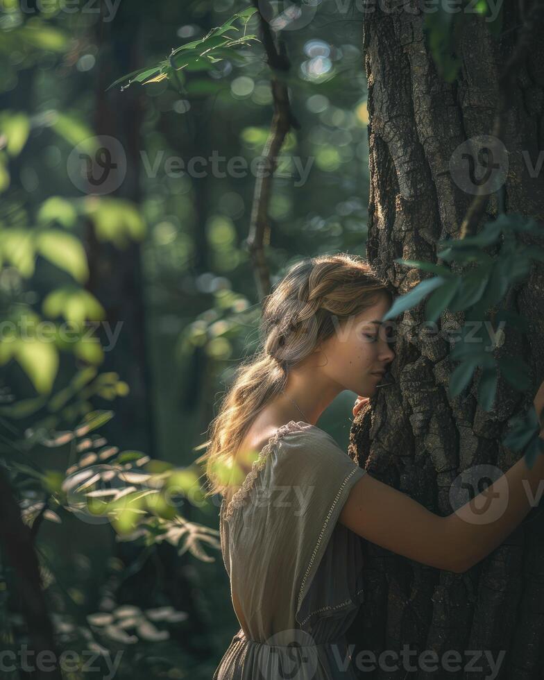 ai gerado pensativo mulher abraçando grande árvore tronco dentro a floresta, conexão com natureza foto