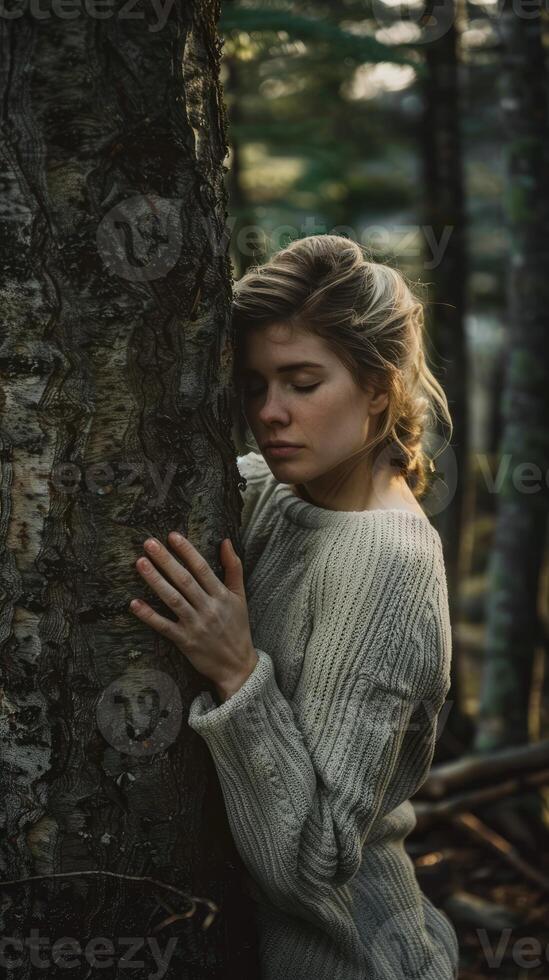 ai gerado pensativo mulher abraçando grande árvore tronco dentro a floresta, conexão com natureza foto