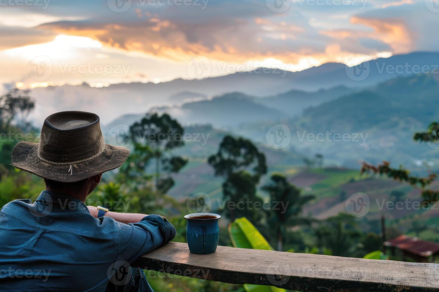 ai gerado apreciar uma copo do café enquanto negligenciar uma café plantação foto