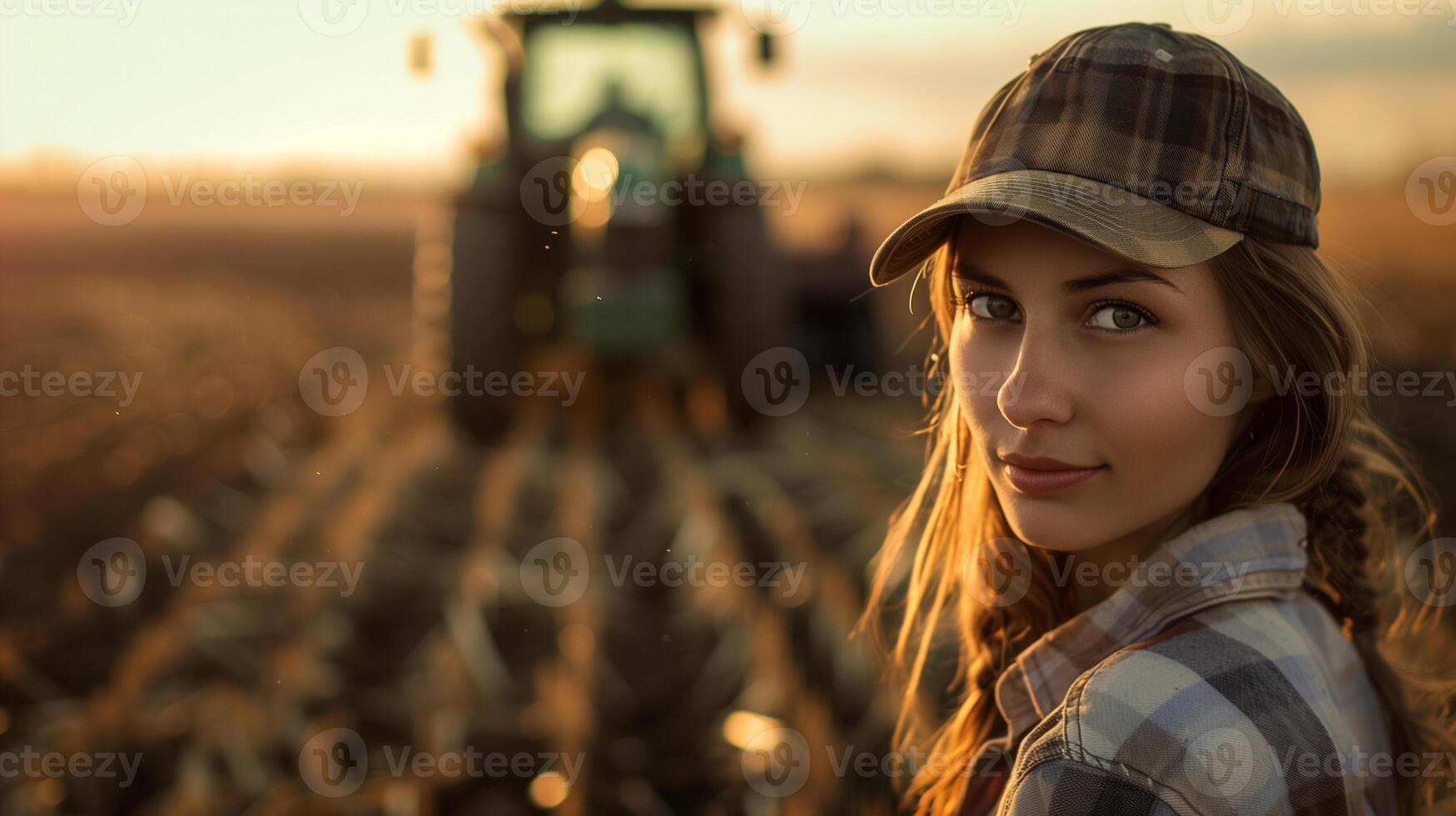 ai gerado lindo fêmea agricultor dentro uma boné com uma trator dentro a fundo foto