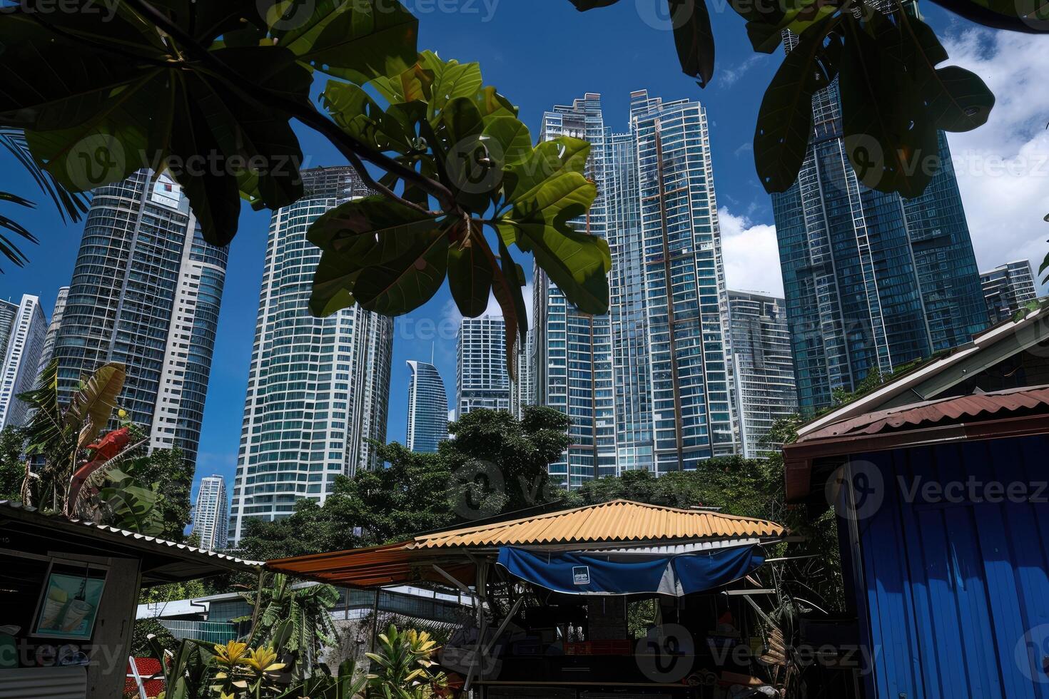 ai gerado favela áreas e pobreza atrás arranha-céus edifícios dentro a cidade profissional fotografia foto