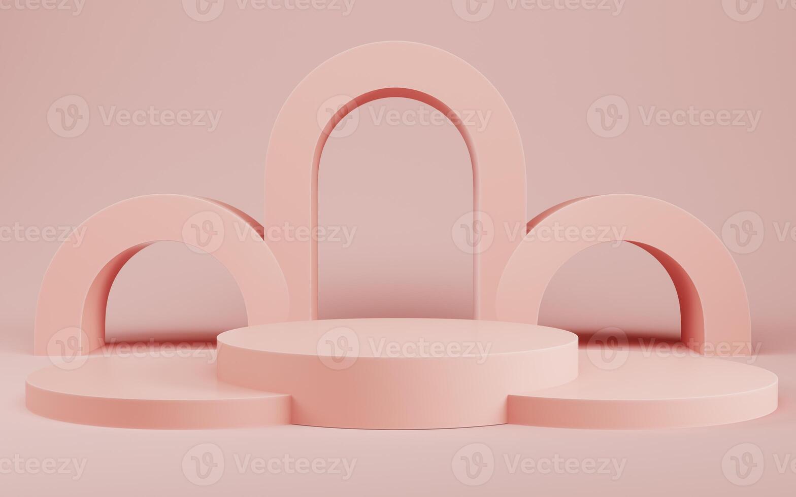 abstrato mínimo fundo. cilíndrico pódio com arcos para produtos exibição em brilhante creme cor fundo dentro pastel cores foto