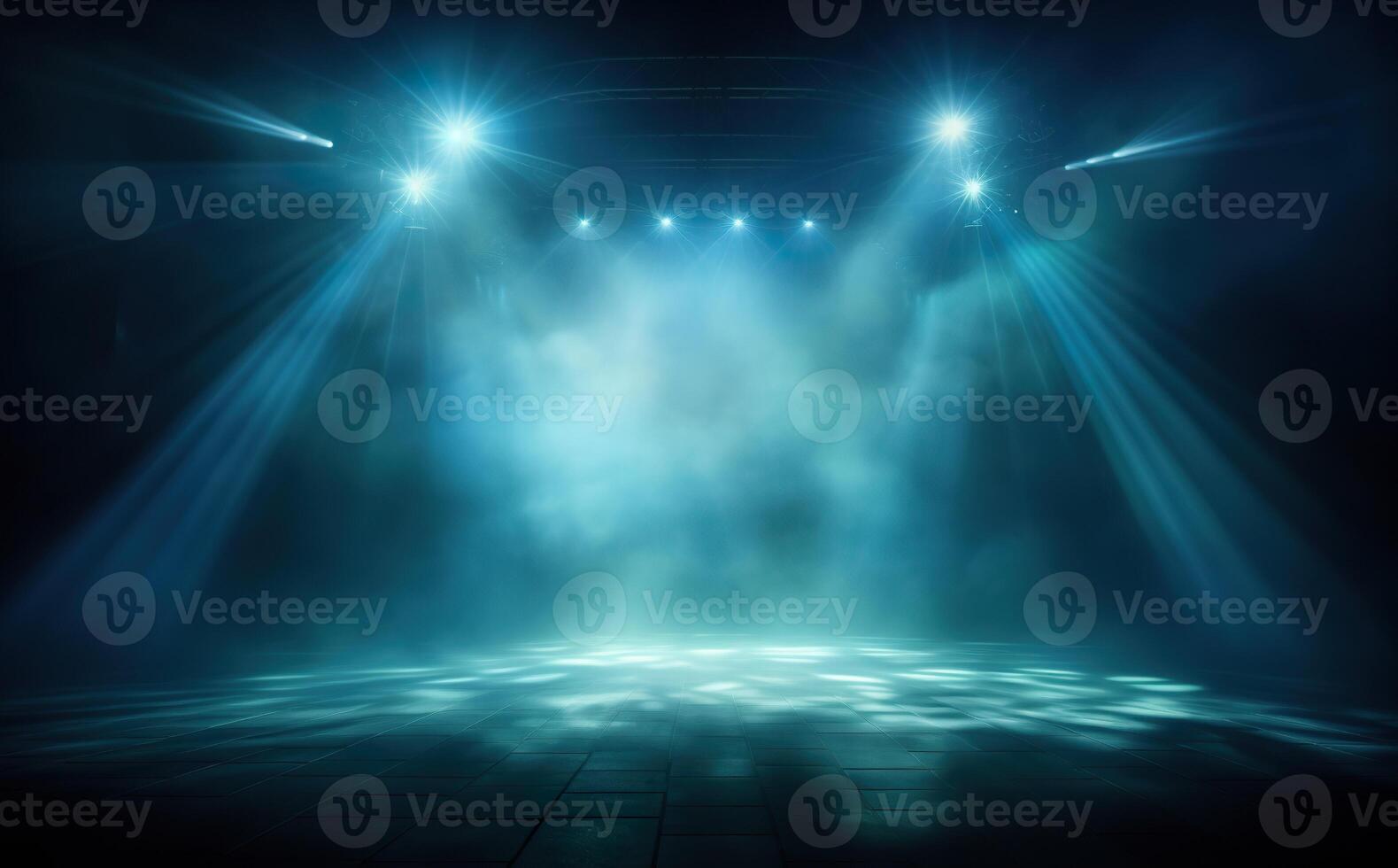 ai gerado etapa com cênico luzes apresentação brincar com fumaça fundo. azul matizes evento Holofote pano de fundo foto