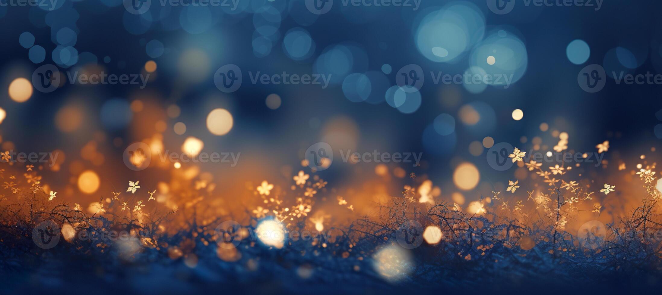 ai gerado acolhedor Natal dourado flocos de neve em a neve fundo com amarelo e azul bokeh matizes. festivo, inspirador papel de parede pano de fundo foto