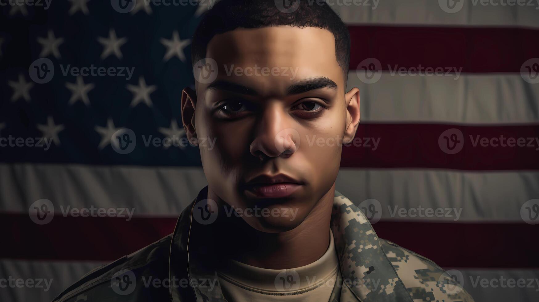 ai gerado retrato do uma afro americano soldado dentro frente do uma bandeira do a EUA. soldado em pé dentro frente do EUA bandeira. foto