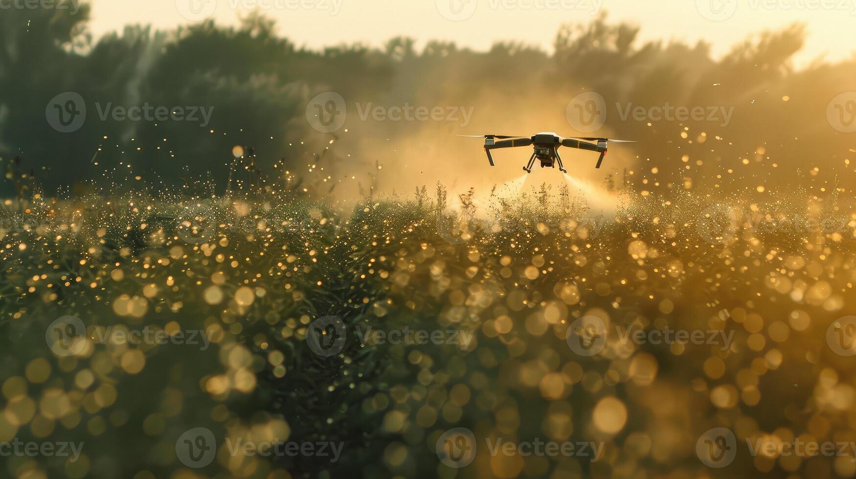 ai gerado a agrícola zangão moscas para spray fertilizantes dentro a Campos trabalho às pôr do sol foto
