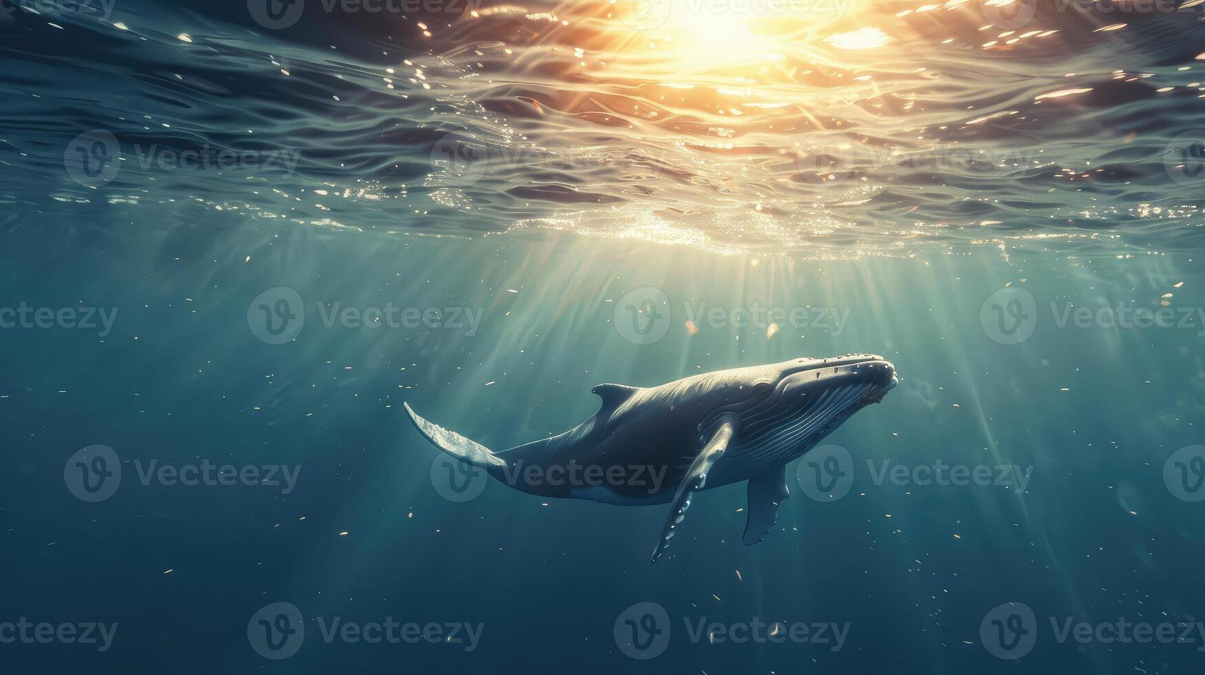 ai gerado uma baleia natação a partir de a profundo mar para a superfície, debaixo a embaixo da agua luz raios do a Sol. foto