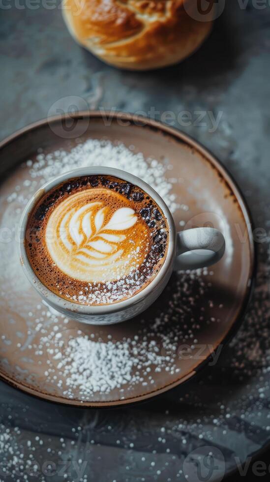 ai gerado uma copo do cappuccino com uma pão foto