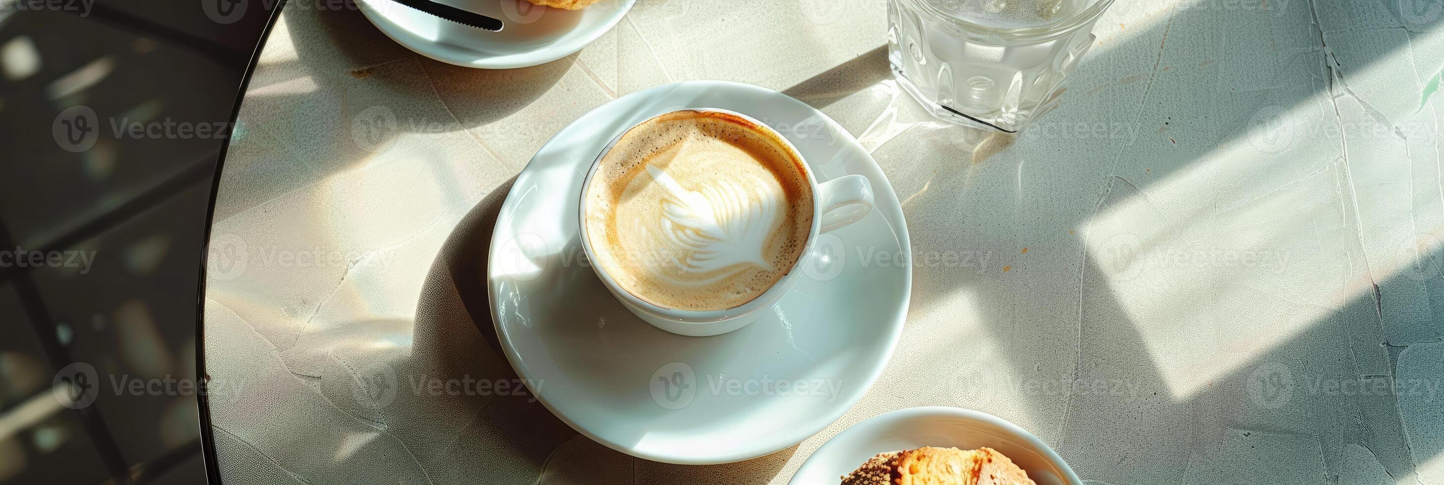 ai gerado uma copo do cappuccino com uma pão foto