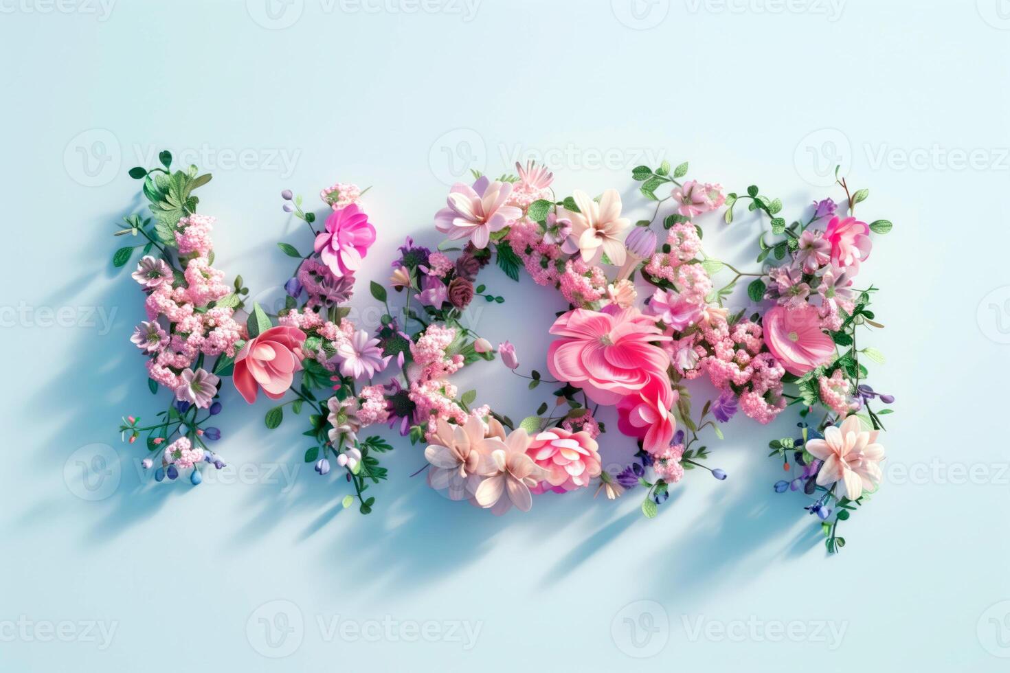 ai gerado grupo do Primavera flores com a forma do a palavra mãe sobre azul fundo. feliz mãe dia conceito. foto